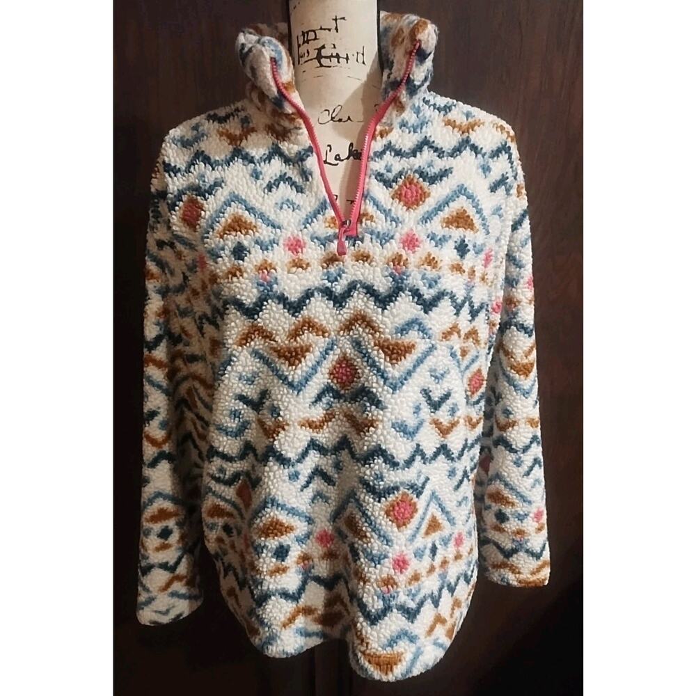 Eddie Bauer Women’s Large Sherpa Fleece 1/4 Zip Aztec Ivory Blue Brown Pink